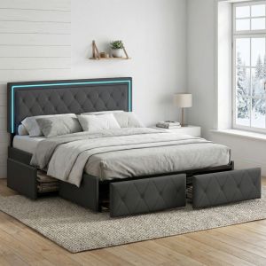 Lit adulte 140x200 avec sommier, 4 tiroirs, lit double avec &Eacute;clairage LED, lit capitonn&eacute; avec t&ecirc;te de lit r&eacute;glable, design scandinave(140x200cm, Gris)