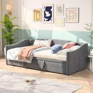 Lit gigogne 90x190 cm/180x190 cm, avec sommier à lattes en bois, cadre en métal, pour enfant, adulte, lit de jour extensible en Velours - Gris