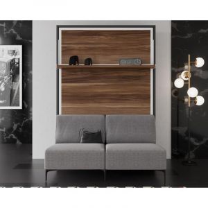 Les Tendances - Lit escamotable avec canap&eacute; tissu Barko 140x190-Canap&eacute; Gris-Structure et Fa&ccedil;ade Vintage