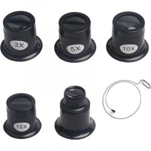 Ensemble de 5 loupes d'horloger, grossissements 3x, 5x, 10x, 15x et 20x, loupe de bijoutier