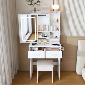 Coiffeuse blanche miroir LED, 2 tiroirs, rangement caché et étagères, tabouret rembourré inclus, coiffeuse gain de place, MDF
