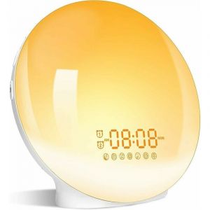 Eveil Lumière led Radio Réveil Matin Lumineux Lampe de Chevet 20 Niveaux de Luminosité Simulateur d'Aube et Crépuscule 2 Réveils 7 Sons Naturels