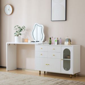 Coiffeuse avec miroir led 3 couleurs, plateau de table extensible, modifiable à gauche et à droite, coiffeuse blanche, sans tabouret