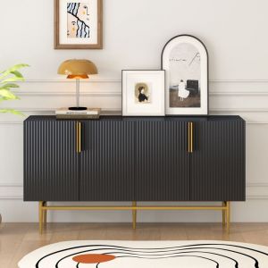 Tanant - Buffet avec 4 portes 152cm, poignée en métal doré, espace de rangement, meuble salle à manger, buffet salon blanc Scandinave, Noir