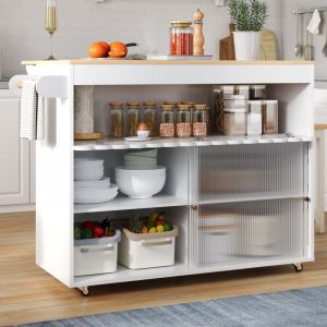 Desserte de cuisine 122x46-69x91cm, avec plateau en chêne pliable, porte coulissante en verre trempé, étagères réglables, porte-serviettes, roulettes