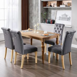 Chaise de salle &agrave; manger en velours gris avec pieds ch&ecirc;ne et d&eacute;tails chrom&eacute;s, confortable pour cuisine, salon et chambre, ensemble de 4 chaises