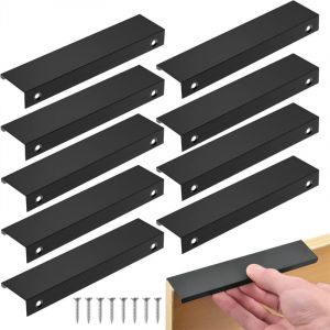 10PCS Invisible Poignee de Meuble, poignet de porte cuisine en Aluminium, Noir pour Tiroirs Armoires Placard (Entraxe 160mm/ Long 200mm)