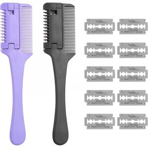 Peigne &agrave; effiler pour cheveux, peigne &agrave; effiler, outil de coupe de cheveux, double face, avec 10 lames de rechange, pour adultes et enfants