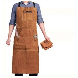 Vtizikl Tablier de Soudeur avec 6 Poches, Tablier de Travail en Cuir Anti-Chaleur Ignifuge, Tablier de Menuisier pour Homme R&eacute;glable de M &agrave; XXXL,