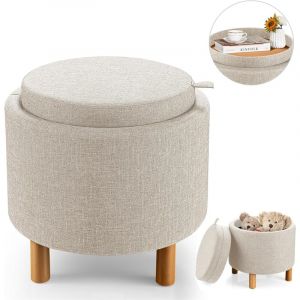 Relax4life - Tabouret de Coiffeuse avec Couvercle Réversible et Rangement Caché, Ottoman Pouf avec Coffre de Rangement, Pouf RondRepose-Pieds