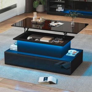 Table basse relevable noire brillance avec éclairage led et 4 tiroirs, 90 x 55 x 41 cm