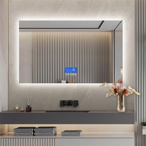 Miroir de salle de bain carr&eacute; lumineux 60x100 cm, avec affichage de la temp&eacute;rature et fonction d&eacute;sembueur, avec &eacute;clairage LED, r&eacute;glage de la