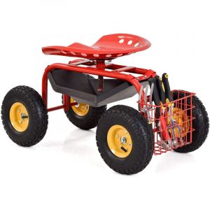 Si&egrave;ge de Jardin Roulant avec Panier de Rangement, Hauteur R&eacute;glable, Chariot de Jardin &agrave; 4 Roues, Si&egrave;ge Pivotant &agrave; 360&deg;, Si&egrave;ge de Travail Mobile,