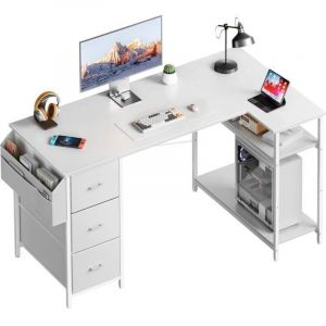 HLONONE - Bureau d'angle ergonomique - 3 tiroirs - Blanc - 140 x 80 x 74 cm