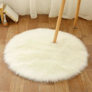 Tapis rond en peau de mouton artificielle, blanc, 60 cm, laine artificielle, douce, antid&eacute;rapante, pour chambre et salon, velours