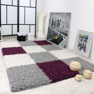 Paco Home - Tapis Shaggy Poils Hauts Longs Motif &agrave; Carreaux Dans Diff&eacute;rents Coloris Pourpre, 240x320 cm