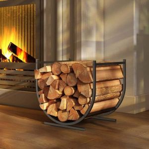 Range-b&ucirc;ches porte buche de chemin&eacute;e incurv&eacute; robust pour int&eacute;rieur et ext&eacute;rieur, cadre en m&eacute;tal, 43 x 33 x 38 cm, noir