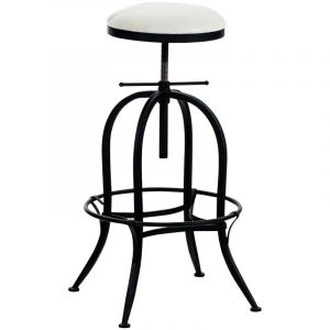 D&eacute;coshop26 - Tabouret de bar design industriel hauteur r&eacute;glable en m&eacute;tal noir et assise pvc blanc 100005360