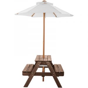 Mophorn Table de pique-nique avec parasol, ensemble table et banc en bois pour ext&eacute;rieur avec 2 plateaux, table multifonction sable et eau, mobilier