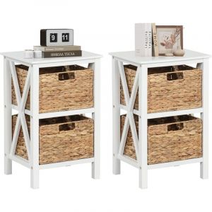 Table de Chevet 3 Niveaux, Table de Nuit avec 2 Paniers en Herbe Marine, Design x, Table d'Appoint avec Pieds en Bois d'Acacia pour Chambre, Salon,