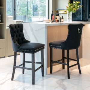 Lot de 2 Tabouret de bar velours en bois - Rev&ecirc;tement capitonn&eacute; et pieds en bois - Garniture de t&ecirc;te de clou chrom&eacute;e -Noir