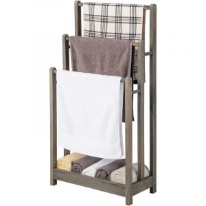 COSTWAY Porte-Serviettes sur Pied en Bois, 3 Barres et &Eacute;tag&egrave;re de Rangement Inf&eacute;rieure, Dispositif Anti-Renversement, Support Serviette pour Salle de