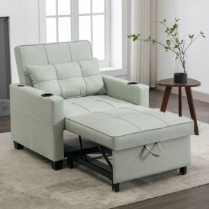 Fauteuil convertible 3-en-1 avec port USB,Lit banquette 1 Place - porte-gobelets et poche lat&eacute;rale, structure bois m&eacute;tal - vert clair