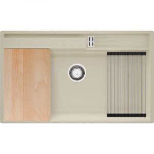 PRIMAGRAN Evier Cuisine en Granit 88x53cm,Lavabo 1 bac + Kit de Vidage + Accessoires, &Eacute;vier &agrave; Encastrer au meuble 90cm - Oslo Pocket, Beige