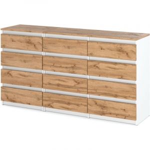 Commode / commode avec 12 tiroirs (8+4) - H92cm B180cm D33cm, blanc mat / chêne Wotan