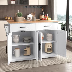 Desserte de cuisine 120x46/71x91.5cm, plateau de table pliable, 2 tiroirs, armoire de rangement, buffet, 3 portes, blanc