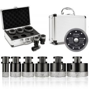 Lot de 7 forets diamant&eacute;s pour carrelage M14 x 10 mm Couronne de forage 20-68 mm + disque &agrave; tron&ccedil;onner 125 mm Pour meuleuse d'angle Scie cloche