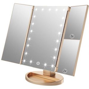 Miroir de maquillage avec 21 LED, grossissement 1x/2x/3x, miroir de maquillage pliable &agrave; trois volets, miroir de voyage rechargeable (dor&eacute;)