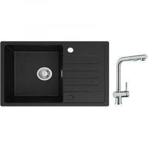 Cecipa Evier 1 Bac avec Egouttoir, Evier de Cuisine en Quartz et R&eacute;sine 78x45cm Grande Capacit&eacute; Evier Noir + Robinet Cuisine avec Douchette Mitigeur