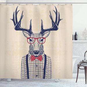 Branch&eacute; Rideau de Douche, Cerfs avec Jazz Humorous Bow, Tissu Ensemble de D&eacute;cor de Salle de Bain avec Crochets, 180 cm x 180 cm, Indigo fonc&eacute; Corail