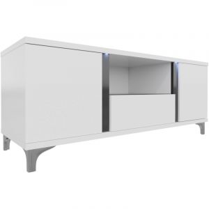 Meuble TV Florem, Blanc + Blanc brillant + Noir brillant, Le nombre de portes: 3, Nombre de tiroirs: 0, 150x50x40cm, LED: Disponible
