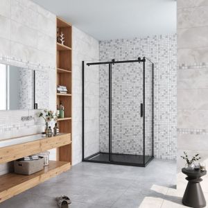 Aica cabine de douche coulissante 120x90x200cm porte de douche + paroi latérale Hauteur 200cm En 8mm verre anticalcaire profilé noir mat