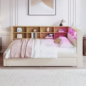 Canap&eacute;-lit 140200, lit escamotable 90190 avec &eacute;clairage LED, prises de courant et multiples compartiments de rangement, flanelle, beige.