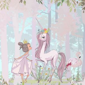 Lumal&eacute;a - Papier peint panoramique Enfants - Princesse Licorne - 130 cm x 130 cm