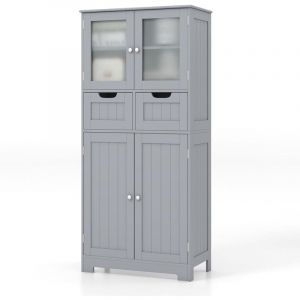 Meuble de Salle de Bain à 4 Portes 2 Tiroirs, Colonne Salle de Bain Armoire Haute avec Étagères Réglables pour Salon, Cuisine, 30 x 60 x 128 cm, Gris