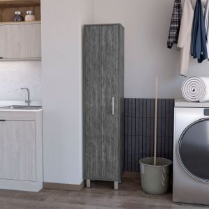 Tuhome Armoire Haute de Rangement Lawen, Une Porte, 3 Crochets &agrave; Balais, Ch&ecirc;ne Fum&eacute;