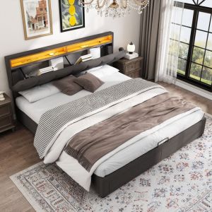Lit coffre 160x200 cm lit hydraulique avec éclairage led, tiroirs et rangements, tête de lit escamotable en mousse, cadre en acier, en lin, gris