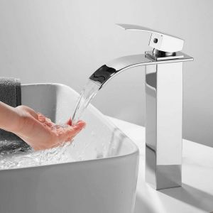 S-giant - Haut Robinet de Lavabo Cascade, Robinet Salle de Bain avec Eau Froide & Chaude Disponible, Haut Cascade de Mitigeur Lavabo, Chromé