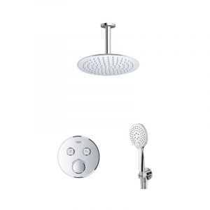 Grohtherm Ensemble de douche avec partie encastrable et partie de finition, pommeau de douche 25cm bras plafond, douchette avec flexible et - Grohe