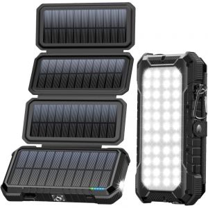 Chargeur Solaire Portable 20000 mAh avec 4 Panneaux solaires, Batterie Externe &eacute;tanche avec 4 Ports USB 18 W, Chargeur Rapide QC 3.0 USB C Power Bank