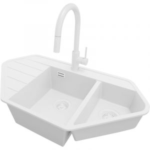 PRIMAGRAN Evier d'angle en Granit 90x50cm, Lavabo Cuisine 1,5 bacs + Kit de Vidage + Accessoire, &Eacute;vier &agrave; Encastrer au meuble 80cm, Tout Blanc