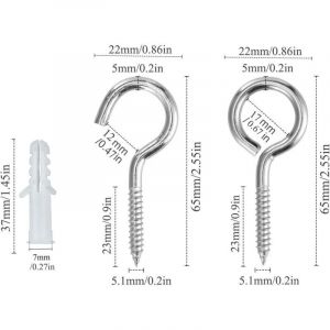 10 Pi&egrave;ces Piton &agrave; Visser,Vis &agrave; Oeil Crochet &agrave; Visser Inox,avec 10 PCS Chevilles Kit,5 65mm,Pour les Lustres, L'artisanat