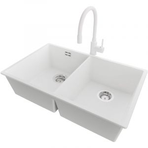 PRIMAGRAN Evier Cuisine en Granit 76x47cm,Lavabo 2 bacs + Robinet 38x14cm + Kit de Vidage, &Eacute;vier &agrave; Encastrer au meuble 80cm - London Slim Twin, Blanc