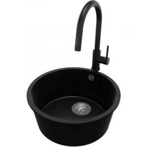 Primagran - Evier cuisine Granit Rond 46x46cm, Evier 1 bac + Robinet 40x20cm + Kit de Vidage, Lavabo Cuisine au meuble 50cm - La Valette Slim, Noir