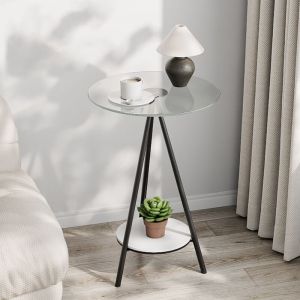 Petite Table d'Appoint Salon, Bout de Canapé Ronde en Verre Trempé Table de Chevet Cadre en Métal Guéridon Design Moderne pour Chambre Cuisine Bureau