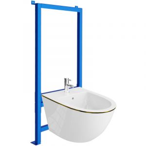 LAVITA B&acirc;ti-support pour le bidet LAV 500 + bidet Sofi Gold Line set complet bidet suspendu avec trou de robinet et trop-plein en c&eacute;ramique